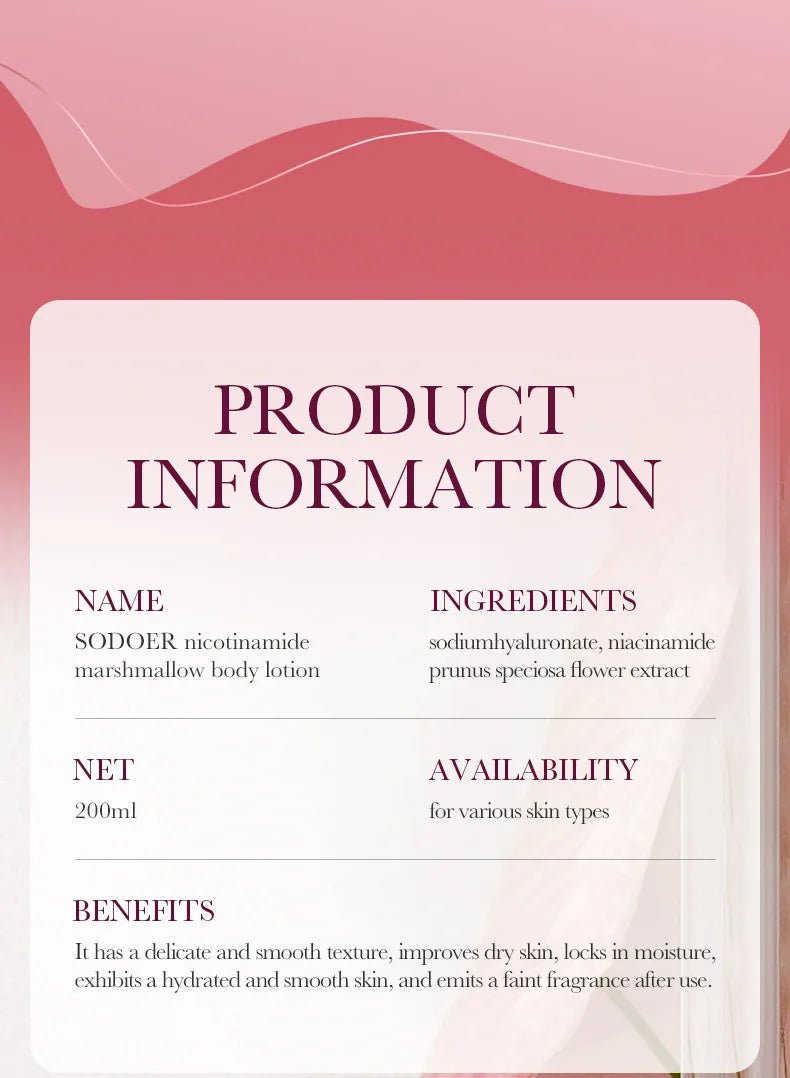 SADOER Niacinamide Marshmallow Body Lotion Whitening Moisturizing Hydrating Flexible and Fresh